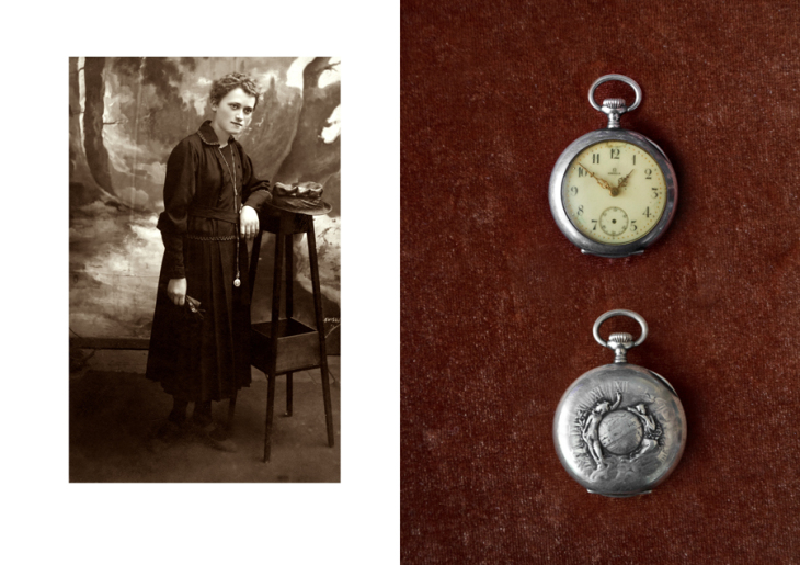 Maria Sacharuk. 1925 rok. Brześć nad Bugiem. Na zdjęciu z zegarkiem, który dostała w prezencie od swojej mamy. Zegar „Omega”, data produkcji – przed 1900 r. 