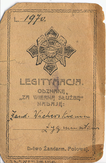 Legitymacja odznaki dowództwa Żandarmerii Polowej „Za wierną służbę. 1918-1921”